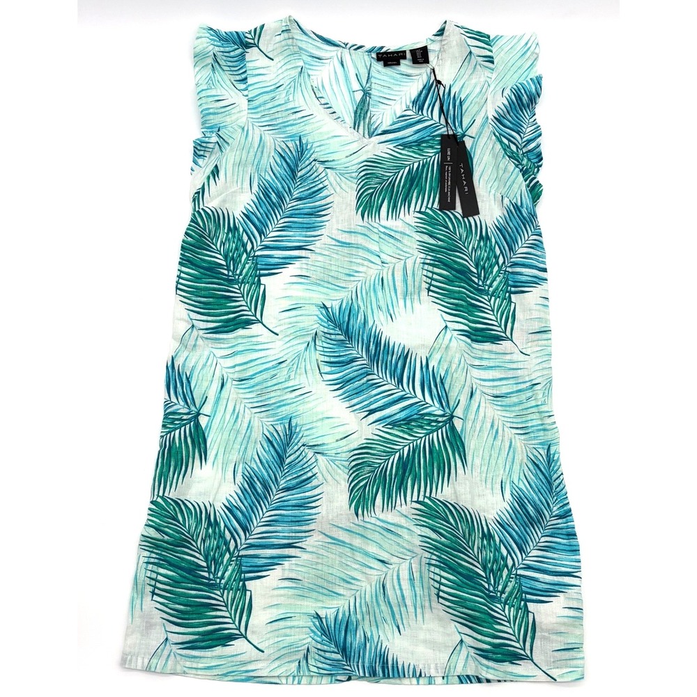 Tahari Tropical Palm Leaf 100% Linen Flutter Sleeve Dress NWT Sz Small